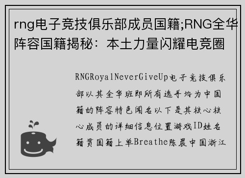 rng电子竞技俱乐部成员国籍;RNG全华阵容国籍揭秘：本土力量闪耀电竞圈