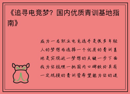 《追寻电竞梦？国内优质青训基地指南》